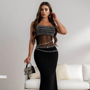 Women’s Bodycon Dress with Rhinestone and Mesh Inserts